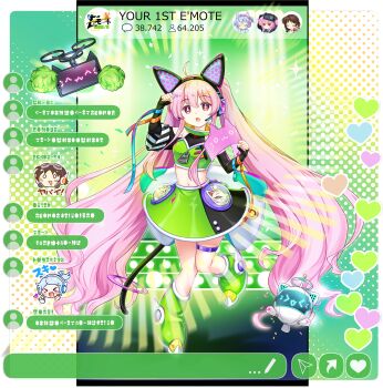 >_< 1girl alternate_costume alternate_hairstyle animal_ear_headphones animal_ears black_gloves black_skirt boots breasts chat_log drone elbow_gloves fake_animal_ears fingerless_gloves fox_mask game_cg gloves green_boots green_skirt hata_no_kokoro hata_no_kokoro_(multi-display3r) headphones headset heart highres hyottoko_mask long_hair looking_at_viewer mask merlin_prismriver merlin_prismriver_(second_eldest_memory_leaker) midriff multicolored_skirt navel official_art open_mouth paw_pose pink_eyes pink_hair pom_pom_(cheerleading) rotte_(1109) science_fiction skirt small_breasts solo sparkle thigh_strap third-party_source touhou touhou_lostword translation_request transparent_background tsukumo_yatsuhashi twintails user_interface very_long_hair