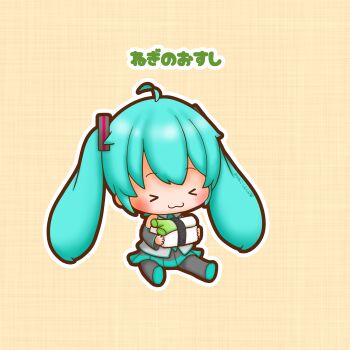 >_< 1girl :3 absurdres ahoge aqua_hair chibi chibi_only closed_eyes closed_mouth commentary_request fish_(food) food full_body hatsune_miku highres holding holding_food nigirizushi outline sh1n_chan sitting solo spring_onion sushi thick_outlines twintails vocaloid white_outline