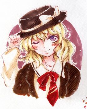 Rule 34 | 1girl, adjusting clothes, adjusting headwear, black capelet, black hat, blonde hair, blush, bow, bowtie, capelet, closed mouth, collared shirt, cosplay, diagonal-striped clothes, diagonal-striped necktie, hair between eyes, hat, hat bow, long sleeves, looking at viewer, maribel hearn, medium hair, necktie, one-hour drawing challenge, one eye closed, purple eyes, red bow, red bowtie, red necktie, sanwa no jako (daikichi club), shirt, sleeve cuffs, smile, solo, striped clothes, touhou, usami renko, usami renko (cosplay), white background, white bow, white shirt