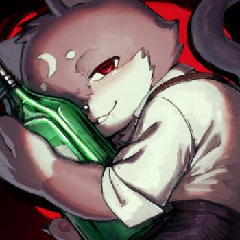 1boy batten_xxxx black_pants bottle cat_boy crescent crescent_facial_mark facial_mark forehead_mark furry furry_male hashtag-only_commentary highres hugging_object indie_virtual_youtuber looking_at_viewer lucido_dorsogna pants parted_lips pawpads red_background red_eyes shirt solo virtual_youtuber white_shirt