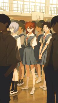 angry ayanami_rei basketball_hoop blue_eyes blue_hair blue_skirt closed_mouth crowd faceless faceless_female glaring highres horaki_hikari im_edamame indoors long_hair looking_at_viewer multiple_boys multiple_girls neon_genesis_evangelion orange_hair red_eyes red_ribbon ribbon school_uniform shirt short_hair short_sleeves skirt socks souryuu_asuka_langley school_gym staring tokyo-3_middle_school_uniform white_shirt