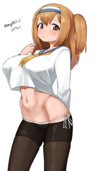 Rule 34 | 1girl, absurdres, black pantyhose, blue sailor collar, breasts, brown eyes, commentary request, cosplay, hairband, highres, i-26 (kancolle), kantai collection, large breasts, lowleg, lowleg pantyhose, maru (marg0613), multicolored hairband, navel, neckerchief, no pants, one-hour drawing challenge, orange hair, panties, pantyhose, sailor collar, sailor shirt, shirt, side-tie panties, solo, stomach, tokitsukaze (kancolle), tokitsukaze (kancolle) (cosplay), two-tone hairband, two side up, underwear, white background, white panties, white shirt, yellow neckerchief