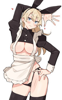 1girl absurdres animal_ears apron arm_up bikini black_panties blonde_hair blue_eyes blush breasts closed_mouth covered_erect_nipples cowboy_shot darjeeling_(girls_und_panzer) fake_animal_ears girls_und_panzer hair_between_eyes hand_on_own_hip heart highres large_breasts long_hair long_sleeves looking_at_viewer maid maid_apron maid_headdress panties sattinittas side-tie_panties simple_background smile solo standing swimsuit thighs unconventional_maid underwear white_apron white_background