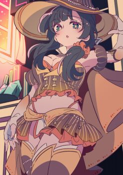1girl arm_at_side assault_lily bare_shoulders bikini bikini_under_clothes black_hair blunt_bangs blush book breasts brown_cape brown_hat brown_shirt brown_thighhighs buttons cape commentary_request cowboy_shot crop_top curtains dark_skin detached_sleeves double-breasted elbow_gloves evening frilled_shirt frilled_skirt frills from_below gloves green_eyes hair_ornament hair_over_shoulder hair_scrunchie halloween_costume hand_on_headwear hand_up hat honkawa_works indoors long_hair looking_at_viewer looking_down medium_breasts midriff navel o-ring o-ring_bikini o-ring_top official_alternate_costume orange_bikini orange_gloves orange_scrunchie panty_straps parted_lips pearl_hat_ornament puffy_detached_sleeves puffy_sleeves scrunchie shirt short_sleeves side_slit skirt solo standing strapless strapless_bikini strapless_shirt striped_clothes striped_shirt striped_skirt swimsuit thighhighs two-tone_gloves two-tone_thighhighs vertical-striped_clothes vertical-striped_hat vertical-striped_shirt vertical-striped_skirt wang_yujia white_gloves window witch_hat yellow_thighhighs