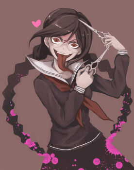 Rule 34 | 1girl, blood, blood splatter, braid, brown background, brown hair, brown serafuku, brown shirt, brown skirt, collarbone, collared shirt, commentary request, danganronpa: trigger happy havoc, danganronpa (series), fukawa toko, genocider shou, glasses, hair between eyes, holding, holding scissors, holding weapon, jiuu huner, long hair, long sleeves, long tongue, looking at viewer, neckerchief, open mouth, pink blood, red eyes, red neckerchief, round eyewear, sailor collar, school uniform, scissors, serafuku, shirt, simple background, skirt, smile, solo, teeth, tongue, tongue out, twin braids, twintails, upper teeth only, v-shaped eyebrows, weapon, white sailor collar