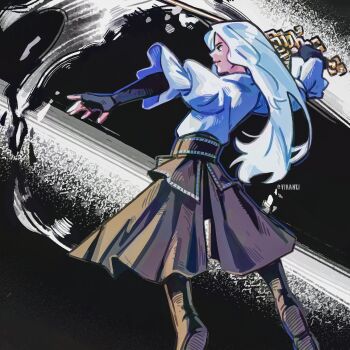 1girl alicia_(clair_obscur:_expedition_33) black_boots black_gloves black_skirt boots clair_obscur:_expedition_33 emi-bianchi fighting_stance fingerless_gloves foot_out_of_frame frilled_sleeves frills gloves highres holding holding_sword holding_weapon long_hair parted_bangs profile shirt sketch skirt solo spoilers sword twintails weapon white_hair white_shirt