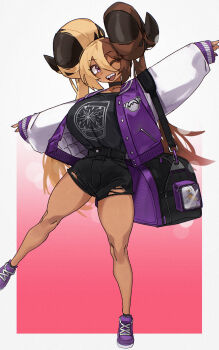 1girl aife_(zana) bag belt black_shirt black_shorts blonde_hair breasts brown_hair eyebrows_hidden_by_hair full_body hair_between_eyes hair_on_horn highres horns jacket large_breasts long_hair looking_at_viewer multicolored_hair one_eye_closed open_mouth original outstretched_arms purple_eyes purple_jacket sharp_teeth shirt shorts shoulder_bag smile solo spread_arms standing standing_on_one_leg teeth torn_clothes torn_shorts track_jacket twintails two-tone_hair upper_teeth_only zanamaoria