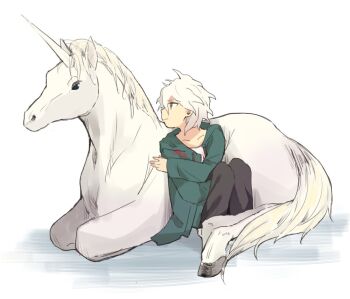 1boy animal black_pants closed_mouth collarbone commentary_request dagasi_xzx danganronpa_(series) danganronpa_2:_goodbye_despair green_jacket grey_background grey_hair grey_shirt hood hooded_jacket jacket komaeda_nagito looking_at_animal male_focus mythological_creature pants profile shirt short_hair unicorn