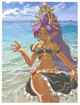 Rule 34 | 1girl, blue eyes, blue sky, bracelet, breasts, chzzei, cloud, commentary, cosplay, dark-skinned female, dark skin, day, earrings, english commentary, highres, hoop earrings, jewelry, medium breasts, nintendo, outdoors, pointy ears, purple hair, riju, riju (cosplay), shantae, shantae (series), sky, solo, the legend of zelda, the legend of zelda: tears of the kingdom, water
