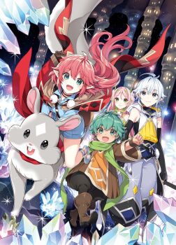 2boys 2girls :d antenna_hair aqua_eyes baggy_pants blue_shirt blue_shorts building cape clenched_hand cover cover_page crystal deokure_tamer_no_sonohigurashi detached_sleeves familiar fau_(deokure_tamer_no_sonohigurashi) floating_cape floating_hair green_eyes grey_eyes grey_hair holding holding_staff hood hoodie long_hair multiple_boys multiple_girls nardack novel_cover official_art olto open_mouth outstretched_arm pants pink_hair pointy_ears ponytail red_cape red_hair rick_(deokure_tamer_no_sonohigurashi) riding riding_animal robe sakura_(deokure_tamer_no_sonohigurashi) sasaki_yuta_(deokure_tamer_no_sonohigurashi) scarf shirt short_hair shorts smile squirrel staff standing window_light