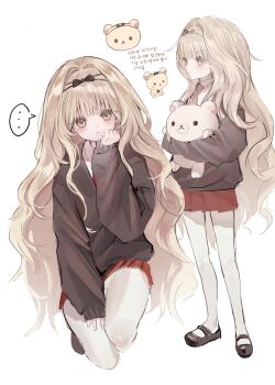 Rule 34 | ..., 1girl, black cardigan, blonde hair, cardigan, character doll, doll, full body, hairband, highres, holding, holding stuffed toy, homoim175583, korilakkuma, long hair, mary janes, mashiro rima, miniskirt, multiple views, pantyhose, pleated skirt, red skirt, sanrio, school uniform, shoes, shugo chara!, simple background, sketch, skirt, spoken ellipsis, squatting, standing, stuffed animal, stuffed toy, white background, white pantyhose