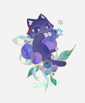:3 animalization bird black_cat blue_ribbon blueberry bright_pupils cat commentary dated eyeliner food fruit genshin_impact highres leaf makeup no_humans purple_eyes qiao2121 red_eyeliner ribbon scaramouche_(cat)_(genshin_impact) scaramouche_(genshin_impact) untranslatable_commentary white_background white_bird white_pupils
