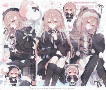 1girl balloon bear_hat black_hoodie black_ribbon boots bow brown_hair chibi coat commentary_request fur-trimmed_boots fur_trim grey_bow hair_between_eyes hair_ribbon heart highres hood hoodie long_hair long_sleeves looking_at_viewer mouth_hold original pink_eyes rabbit_balloon ribbon straight_hair stuffed_animal stuffed_toy thighhighs yakinikusakoku zettai_ryouiki