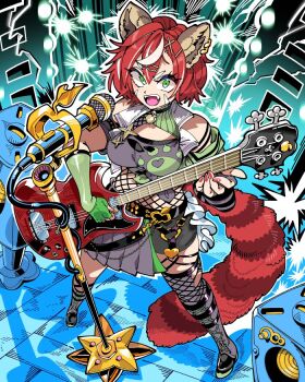 Rule 34 | 1girl, asymmetrical clothes, bass guitar, boots, breasts, commentary, commission, english commentary, fishnet thighhighs, fishnet top, fishnets, full body, gibson sg (bass), green eyes, hair ornament, half-skirt, holding, holding plectrum, indie virtual youtuber, instrument, kafun, khiren (vtuber), medium breasts, microphone, microphone stand, music, open mouth, playing bass guitar, playing instrument, pleated skirt, plectrum, red hair, red nails, red panda ears, red panda girl, red panda tail, red tail, short hair, skirt, solo, standing, thighhighs, virtual youtuber, white streaks, x hair ornament