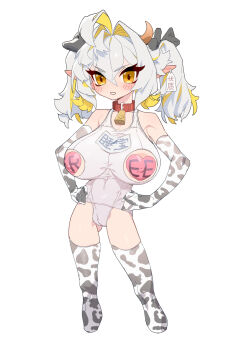 1girl absurdres ahoge animal_print bell blush bow breasts cameltoe collar collar_bell colored_inner_hair covered_clitoris covered_erect_nipples cow_horns cow_print cow_print_gloves cow_print_thighhighs cropped_legs crotch curly_hair ear_blush ear_tag elbow_gloves feet_out_of_frame gloves gluteal_fold hair_bow hair_intakes hands_on_own_hips heart_pasties highres horns huge_breasts legs legs_apart loli long_ears multicolored_hair nipple_cutout nipple_pasties no_nose oppai_loli parted_lips pasties petite pointy_ears print_gloves print_thighhighs school_swimsuit serious simple_background skinny solo standing straight-on swimsuit teeth thick_eyelashes thighhighs thighs twintails white_background white_hair white_swimsuit white_thighhighs wohaimeiyou yellow_eyes