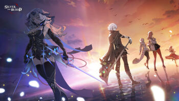 1boy 4girls artist_request bird black_boots black_dress black_gloves black_pants black_thighhighs boots braid breasts character_request cleavage closed_mouth cloud commentary dress dual_wielding dusk elbow_gloves english_commentary gloves grey_hair high_heels highres holding hood lips long_hair multiple_girls official_art pants pantyhose red_eyes red_pantyhose reflection reflective_liquid short_hair silver_and_blood stella_(silver_and_blood) sword thighhighs veil walking walking_on_liquid weapon yellow_eyes