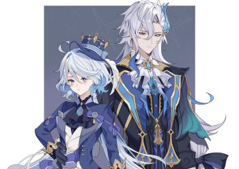 Rule 34 | 1boy, 1girl, ahoge, ascot, black ascot, black bow, black gloves, black jacket, black shirt, black vest, blue eyes, blue gem, blue hair, blue hat, blue jacket, blue pupils, blue sash, blush, border, bow, buttons, closed mouth, diamond button, drop-shaped pupils, feather hair ornament, feathers, furina (genshin impact), gem, genshin impact, gloves, gold trim, grey background, grey hair, hair between eyes, hair bow, hair ornament, hand on own hip, hashtag-only commentary, hat, hat bow, hat ornament, headpiece, heterochromia, highres, jacket, jewelry, lapels, long hair, long sleeves, looking at viewer, low-tied long hair, low twintails, mismatched pupils, multicolored hair, neuvillette (genshin impact), open clothes, open jacket, outside border, pendant, pointy ears, purple bow, purple eyes, sash, shirt, shishi59697837, sidelocks, simple background, single sidelock, streaked hair, symbol-shaped pupils, twintails, two-tone hair, upper body, vest, white ascot, white border, white hair, white shirt, white vest