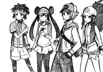 2boys 2girls baseball_cap black_vest commentary_request denim denim_shorts exposed_pocket hat hilbert_(pokemon) hilda_(pokemon) lineart monochrome multiple_boys multiple_girls nate_(pokemon) nintendo open_clothes open_vest pantyhose poke_ball_print pokemon pokemon_black_2_and_white_2 pokemon_black_and_white rosa_(pokemon) shorts vest wristband zakku_(zkpkmn0)