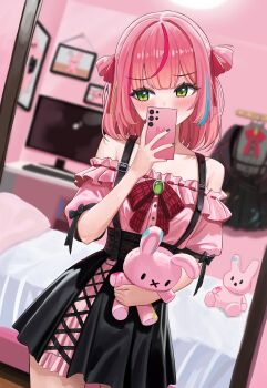 1girl absurdres aqua_streaks bedroom black_bow black_nails black_skirt blurry blurry_background blush bow cellphone center-flap_bangs collarbone covering_own_mouth cowboy_shot cross-laced_clothes cross-laced_skirt depth_of_field double-parted_bangs dress dress_bow fingernails frilled_dress frills green_eyes green_streaks hanako_nana hand_up hashtag-only_commentary highres holding holding_phone holding_stuffed_toy indoors jirai_kei medium_hair mirror_selfie multicolored_hair nail_polish off-shoulder_dress off_shoulder overskirt peto_(hanako_nana) phone pink_dress pink_hair pink_streaks plaid_bow red_bow selfie short_sleeves skirt sleeve_bow smartphone solo stellive streaked_hair stuffed_animal stuffed_rabbit stuffed_toy suspender_skirt suspenders two_side_up virtual_youtuber yeoun