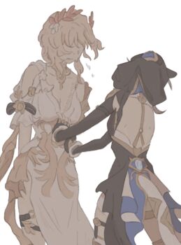 Rule 34 | 2girls, aglaea (honkai: star rail), animal ears, artist name, back cutout, bare shoulders, black bodysuit, black bow, black gloves, blonde hair, bodysuit, bow, bracelet, breasts, cat ears, cat girl, cat tail, cipher (honkai: star rail), cleavage, closed mouth, clothing cutout, cowboy shot, crying, dress, fingerless gloves, floating hair, flower, from behind, gloves, gold trim, greco-roman clothes, hair flower, hair ornament, honkai: star rail, honkai (series), hood, hooded bodysuit, jewelry, korshokor, large breasts, laurel crown, long sleeves, multiple girls, no eyes, puffy short sleeves, puffy sleeves, short hair, short sleeves, shoulder cutout, simple background, standing, tail, thigh strap, wavy hair, white background, white dress, white flower