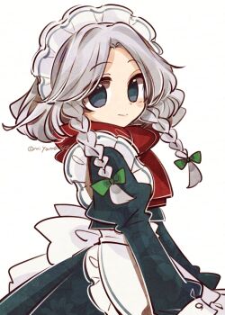 Rule 34 | 1girl, apron, blue dress, blue eyes, braid, closed mouth, commentary, dress, from side, grey hair, hair ribbon, highres, izayoi sakuya, long sleeves, looking at viewer, maid, maid apron, maid headdress, medium hair, parted bangs, red scarf, ribbon, scarf, smile, solo, tama (hiroshige 36), touhou, twin braids, twitter username, upper body