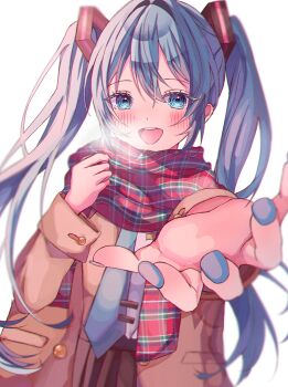 Rule 34 | 1girl, black skirt, blue eyes, blue hair, blue nails, blue necktie, blush, breath, brown coat, coat, commentary, fingernails, foreshortening, hair between eyes, hair intakes, hands up, hatsune miku, highres, long sleeves, nail polish, necktie, open clothes, open coat, open mouth, outstretched arm, plaid clothes, plaid scarf, pleated skirt, reaching, reaching towards viewer, red scarf, scarf, shirt, simple background, skirt, sleeves rolled up, smile, solo, teeth, tsfl0017, twintails, upper teeth only, vocaloid, white background, white shirt