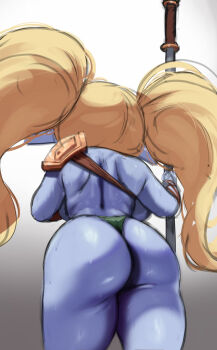 1girl armor ass ass_focus back backboob blonde_hair blue_skin breasts colored_skin feet_out_of_frame female_focus from_behind from_below gradient_background green_panties grey_background huge_ass league_of_legends long_hair panties poppy_(league_of_legends) shortstack shoulder_armor silver_queen_(silverqueen0) simple_background solo standing thong topless_female twintails two-tone_background underwear white_background yordle
