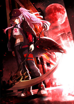 1girl absurdres baseball_cap black_nails breasts cape commentary crop_top ddolbang english_commentary fishnet_top fishnets full_body halter_shirt halterneck hat highres holding holding_scythe hololive hololive_english jacket light_frown long_hair looking_at_viewer midriff moon mori_calliope mori_calliope_(streetwear) multicolored_jacket navel new_york_city night official_alternate_costume one_eye_closed pants pink_hair ponytail red_jacket red_moon scythe shoes skull_and_crossbones skull_print sneakers solo sweatpants torn_cape torn_clothes two-tone_jacket virtual_youtuber