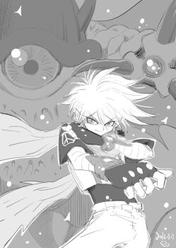 2016 2boys claws dated deathmon demon digimon digimon_(creature) digimon_adventure_v-tamer_01 elbow_gloves gloves looking_at_viewer monochrome multiple_boys no_mouth official_art saiba_neo short_hair smile spiked_hair wings yabuno_ten&#039;ya