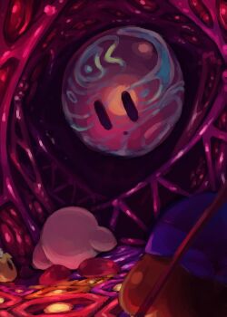:o bandana bandana_waddle_dee battle black_eyes blue_bandana colored_skin face-to-face from_behind highres kirby kirby_(series) kirby_star_allies nintendo no_humans okame_nin orange_skin pink_skin polearm red_footwear shoes slime_(creature) solid_oval_eyes void_soul void_termina void_termina_(final_core) weapon weapon_on_back