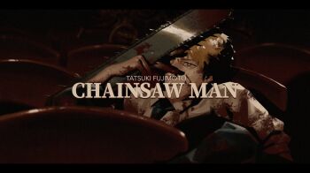 1boy black_necktie blonde_hair blood blood_on_clothes blood_on_face blood_on_hands bloody_weapon chainsaw chainsaw_man chair collared_shirt commentary denji_(chainsaw_man) highres hjunwww indoors long_sleeves movie_theater necktie on_chair scene_reference shirt short_hair sitting solo symbol-only_commentary taxi_driver weapon white_shirt yellow_eyes