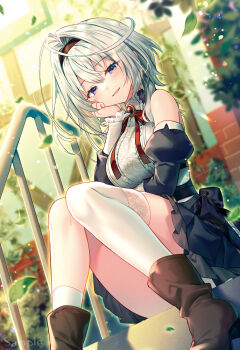 1girl arm_under_breasts bare_shoulders black_bow black_dress black_hairband blurry blurry_background blurry_foreground bow breasts brooch brown_footwear convenient_leg detached_sleeves dress falling_leaves frilled_dress frilled_sleeves frills grey_hair hairband jewelry large_breasts leaf lilithea mata_korosarete_shimatta_nodesune_tantei-sama medium_hair neck_ribbon puffy_detached_sleeves puffy_sleeves purple_eyes railing red_ribbon ribbon riichu sample_watermark sitting sitting_on_stairs solo stairs thighhighs two-tone_dress watermark white_thighhighs