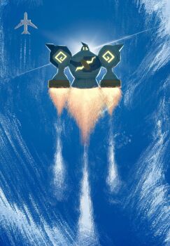 aircraft airplane alternate_form blue_sky contrail crack ewokakukaede exhaust fire flying from_below gen_5_pokemon glowing glowing_cracks glowing_eyes golem golurk highres looking_at_viewer metal_sonic nintendo no_feet no_hands no_humans outdoors pokemon pokemon_(creature) pokemon_focus rock shoulder_spikes sky spikes square_eyes sunlight thrusters yellow_eyes