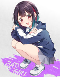1girl :d bad_girl_(manga) black_hair blue_hair blue_hoodie blue_necktie collared_shirt commentary_request copyright_name crossed_arms dress_shirt earclip full_body gradient_hair grey_skirt hazuki_(sutasuta) highres hood hood_down hoodie jacket looking_at_viewer miniskirt multicolored_hair necktie open_clothes open_jacket open_mouth pleated_skirt red_eyes red_hair shirt shoes simple_background skirt smile sneakers solo squatting streaked_hair white_shirt white_shoes yuutani_yuu