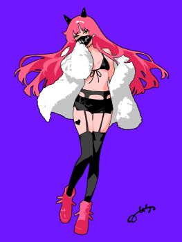 1girl black_bra black_garter_belt black_garter_straps black_horns black_shorts black_thighhighs bra coat flat_color floating_hair front-tie_bra full_body fur_coat garter_belt garter_straps hashtag-only_commentary heart heart_tattoo highres horns leg_tattoo long_hair looking_at_viewer mask micro_shorts minminmince mouth_mask multicolored_eyes navel no_shirt off_shoulder open_clothes open_coat original pink_hair pink_shoes purple_background shoes shorts signature simple_background solo standing stomach straight-on string_bra tattoo thighhighs two-tone_eyes underwear white_coat