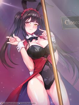 Rule 34 | 1girl, animal ears, black bow, black hair, blush, bow, breasts, cleavage, commentary, cowboy shot, date a live, fake animal ears, female focus, hair ornament, heterochromia, large breasts, long hair, looking at viewer, playboy bunny, rabbit ears, rebe11, red eyes, sign, smile, solo, standing, tokisaki kurumi, twintails, uneven twintails, wrist cuffs, yellow eyes