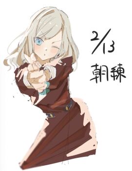 Rule 34 | 1girl, aqua neckerchief, blue eyes, brown dress, ceras yanagida lilienfeld, chestnut mouth, commentary, cropped legs, dated, dress, finger gun, grey hair, hasu no sora school uniform, link! like! love live!, long sleeves, looking at viewer, love live!, neckerchief, parted lips, pleated dress, sailor collar, sailor dress, school uniform, simple background, solo, translation request, v-shaped eyebrows, virtual youtuber, white background, white sailor collar, winter uniform, zen66574227