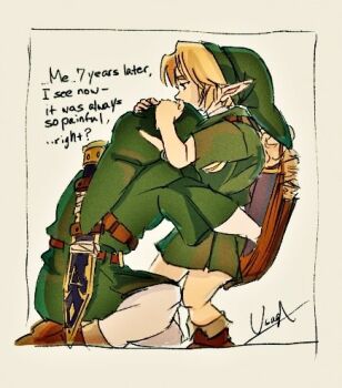 Rule 34 | 2boys, belt, blonde hair, boots, brown belt, brown boots, commentary request, english text, green hat, green tunic, hands on another's head, hat, hug, inset border, kneeling, leggings, link, long pointy ears, lowres, male focus, msk3284tloz, multiple boys, mutual hug, nintendo, pointy ears, scabbard, sheath, shield, shield on back, signature, standing, sword, the legend of zelda, the legend of zelda: ocarina of time, time paradox, tunic, weapon, white leggings, young link