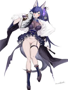 1girl absurdres animal_ears azur_lane bare_legs bare_shoulders blue_eyes blue_hair blue_skirt blush boots bottomless breasts clothes_lift commentary_request dual_wielding flower fox_ears fox_girl fox_tail full_body hair_flower hair_ornament hand_fan highres hip_focus holding holding_fan jintsuu_(azur_lane) jintsuu_(meta)_(azur_lane) kawanishimaki large_breasts long_hair nail_polish no_panties pleated_skirt ponytail purple_flower purple_nails pussy skirt skirt_lift sleeveless smile solo standing tail thigh_gap thigh_strap thighs uncensored very_long_hair