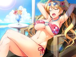 1girl ajishio arms_behind_head beach bikini blonde_hair blue_sky breasts chair closed_eyes cloud covered_erect_nipples cowboy_shot crossed_legs cup day drinking_glass eyewear_on_head female_focus flower food fruit game_cg hair_between_eyes hair_flower hair_ornament halterneck jewelry large_breasts long_hair necklace o-ring o-ring_bikini ocean open_mouth outdoors pearl_necklace sakaki_madoka side-tie_bikini_bottom sitting sky solo sunglasses sunlight swimsuit table twintails venus_resort_kyonyuu_rankou_island yawning