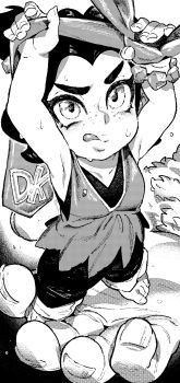 Rule 34 | 1girl, ape, armpits, arms up, barefoot, bracelet, concentrating, denim, donkey kong, donkey kong (series), donkey kong bananza, dress, fingernails, freckles, full body, greyscale, highres, in palm, ireading, jeans, jewelry, large hands, monochrome, necktie, nintendo, out of frame, pants, pauline (mario), pauline (young) (mario), pov, raised eyebrow, short hair, sleeveless, sleeveless dress, sweat, tongue, tongue out, topknot, torn clothes, torn dress