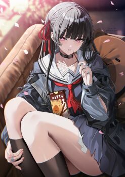 1girl arm_cutout black_choker black_jacket black_serafuku black_shirt black_skirt chisa_(wuthering_waves) choker clothing_cutout collarbone commentary english_commentary fingernails food hair_ribbon highres hiroki_(hirokiart) holding holding_food holding_pocky indoors jacket long_sleeves mole mole_under_eye neckerchief parted_lips pocky red_eyes red_neckerchief red_ribbon revision ribbon sailor_collar school_uniform serafuku shirt sitting skirt solo thighs twitter_username white_sailor_collar wuthering_waves
