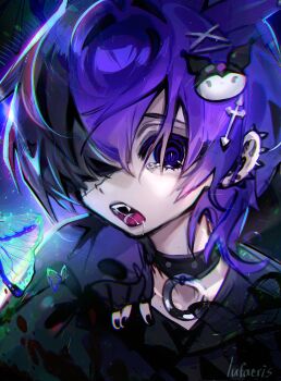 1boy black_choker choker cloud_(lufaeris) commentary ear_piercing english_commentary fangs hair_ornament hair_over_one_eye hand_up highres long_sleeves looking_at_viewer male_focus one_eye_covered open_mouth original piercing purple_eyes purple_hair saliva short_hair sleeves_past_wrists solo tearing_up upper_body x_hair_ornament