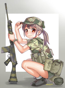 1girl battle_rifle brown_hair camouflage canteen commentary_request ebifly fn_fal gun highres military orange_eyes original ponytail rhodesian_light_infantry rifle short_shorts shorts simple_background smile solo squatting weapon
