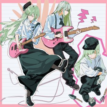 Rule 34 | 1girl, absurdres, bang dream!, bang dream! it's mygo!!!!!, beret, black pants, black shoes, black skirt, border, chinese commentary, closed mouth, collared shirt, commentary request, full body, gloves, green hair, guitar, haitaer, hat, highres, holding, holding guitar, holding instrument, instrument, long hair, long sleeves, multiple views, music, pants, pink border, plant, playing guitar, playing instrument, potted plant, profile, shirt, shoes, shovel, sidelocks, skirt, squatting, standing, standing on one leg, suspenders, wakaba mutsumi, white shirt, yellow eyes