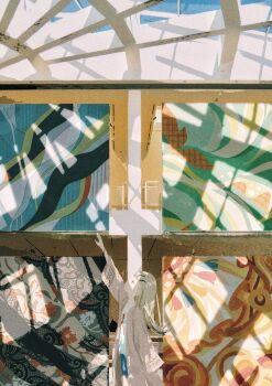 1girl blonde_hair blue_shorts brown_robe camisole chi_(luckyeric320) colored_eyelashes contrast_(idolmaster) flipped_hair gakuen_idolmaster gradient_hair grey_hair hair_ornament hairclip hajime_(idolmaster) hashtag-only_commentary highres idolmaster indoors koukei_(idolmaster) long_hair long_sleeves looking_up multicolored_hair open_clothes open_robe outstretched_arm parallel_hairclips red_ribbon ribbon robe shinosawa_hiro shorts solo sunfaded_(idolmaster) white_camisole wide_shot wide_sleeves window window_shadow