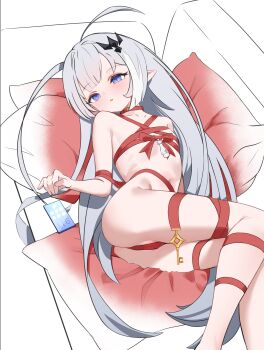 1girl absurdres ahoge argusrho_01 ass blue_eyes blush bow camel cellphone chess_piece christmas collar couch female_tyrant_(stella_sora) flat_chest grey_hair hair_ornament highres key loli long_hair looking_at_viewer lying naked_ribbon phone pillow pointy_ears red_collar red_ribbon ribbon smartphone solo stella_sora tyrant_(stella_sora) very_long_hair