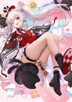 1girl absurdres between_thighs black_gloves black_shoes commentary_request convenient_censoring from_below gloves hako_momiji hat highres honkai:_star_rail honkai_(series) long_hair looking_at_viewer mini_hat mushroom one_eye_closed open_mouth red_eyes red_shirt shirt shoes single_glove skirt solo sparkle_(honkai:_star_rail) sparxie_(honkai:_star_rail) thigh_strap thighs twintails underwear v white_hair white_skirt