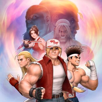 Rule 34 | 1girl, 6+boys, absurdres, andy bogard, fatal fury, geese howard, highres, joe higashi, mori toshiaki, multiple boys, official art, rick strowd, shiranui mai, snk, tagme, terry bogard, the king of fighters, wolfgang krauser