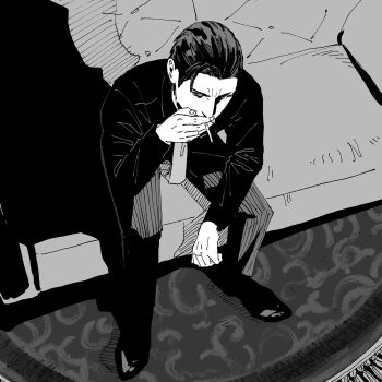 Rule 34 | 1boy, ahoge, black shirt, carpet, cigarette, commentary request, couch, covering own mouth, formal clothes, from above, hair slicked back, high contrast, highres, holding, holding cigarette, male focus, mine yoshitaka, monochrome, necktie, no jacket, pants, pinstripe pants, pinstripe pattern, ryuu ga gotoku (series), ryuu ga gotoku 3, shirt, sitting, smoking, tyag53